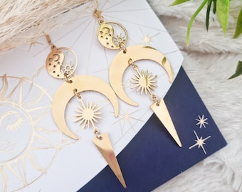 Boucles d'oreilles soleil lune acier doré | Idée cadeau fête des mères | Bijoux cadeau | Livraison offerte | Bijoux avec soleil et lune