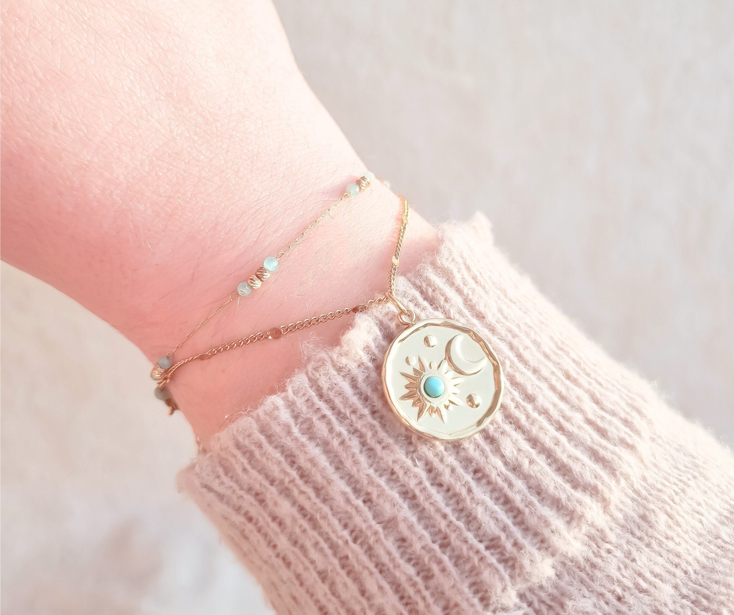 Sun moon medallion bracelet in gold-plated steel | Amazonite stone | Double row bracelet | Women's gift bracelet | Gift idea | Jewelry sales