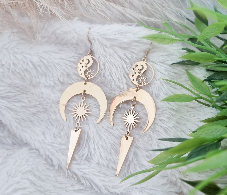 Boucles d'oreilles soleil lune acier doré Idée cadeau fête des mères Bijoux cadeau Livraison offerte Bijoux avec soleil et lune image 5