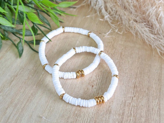 Bracelet Perles Blanches Et Coquillage Doré - Acier Inoxydable - Style Jonc