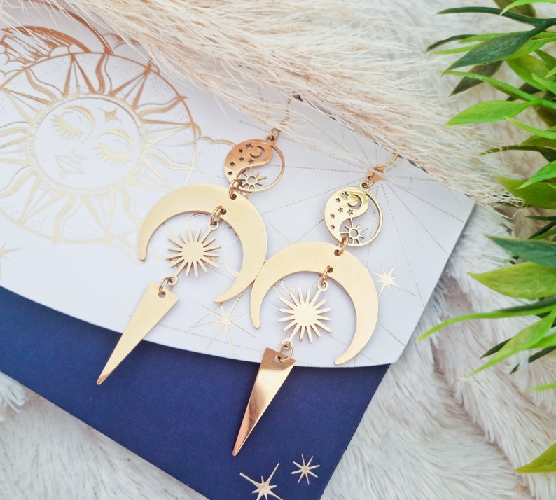 Boucles d'oreilles soleil lune acier doré Idée cadeau fête des mères Bijoux cadeau Livraison offerte Bijoux avec soleil et lune image 3