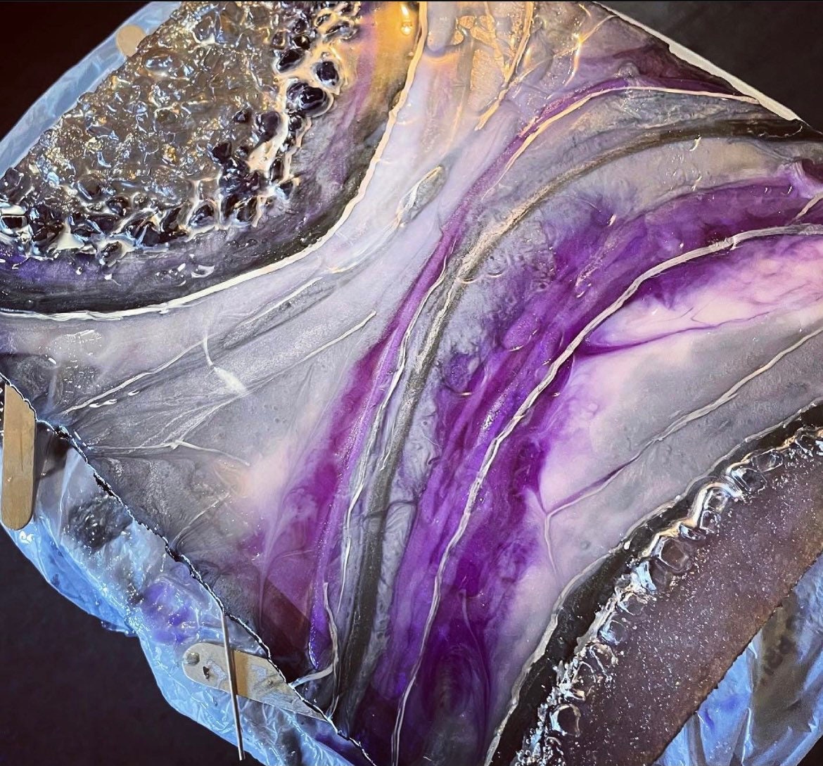 Resin made geode art with crystals on hand cut and carved wood Etsy