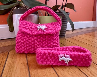 Kids hand-knit fashion purse w/ matching knit headband (MAGENTA)