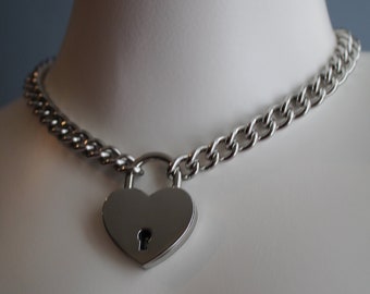 Heart padlock on stainless steel twist link curb chain Choker / Necklace approx. 14"-36" available Stacking, Statement, Cute, Jewellery, Alt