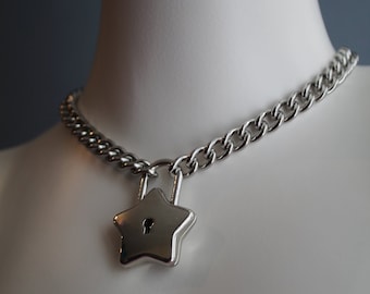 Star padlock on stainless steel twist link curb chain Choker / Necklace approx. 14"-36" available Stacking, Statement, Cute, Jewellery, Alt