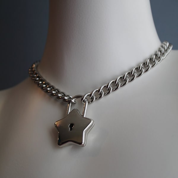 Star padlock on stainless steel twist link curb chain Choker / Necklace approx. 14"-36" available Stacking, Statement, Cute, Jewellery, Alt