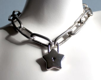 Star Shaped Padlock Chain Choker Stainless Steel available 14"-36" oversized link necklace available stacking simple statement day collar