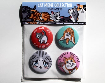 Cat lover pin badges meme collection gift Set, 32mm x 4 button badges, cute, kitten, funny.