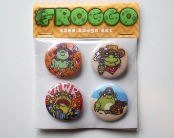 Juego de pins y distintivos de rana Froggo, 4 botones, 32 mm, ranita, divertido.
