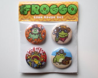 Frog Froggo badge pin set, 32mm x 4 button badges, cute, froggy, funny.