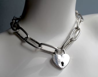 Heart Padlock Chain Choker Stainless Steel , oversized link necklace available 14"-36" Stacking Simple Statement Alt day collar punk alt