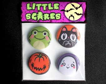 Little Scare Halloween Badge Pack, 4x32mm metal pin back button badges. Frog Cat