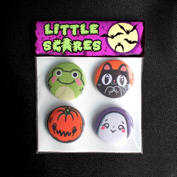 Pack de badges Little Scare Halloween, badges arrière à broche en métal de 4x32mm. Chat grenouille