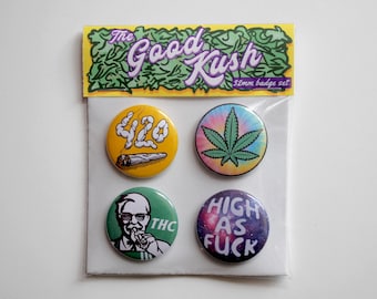 Hoja de cannabis, conjunto de insignias de Good Kush, 4x 32mm de calidad de metal pin back badge, Blunt, Dope, Weed, cáñamo, psicodélico, cultura
