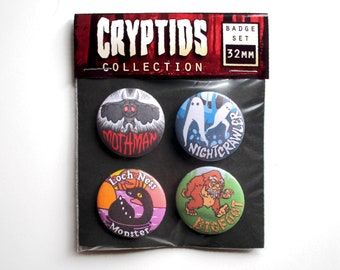Criptozoología Cryptids, conjunto de insignias de botones traseros de pasador de metal de 4x 32 mm. folklore, Bigfoot, Mothman, Monstruo del Lago Ness, Nightcrawler
