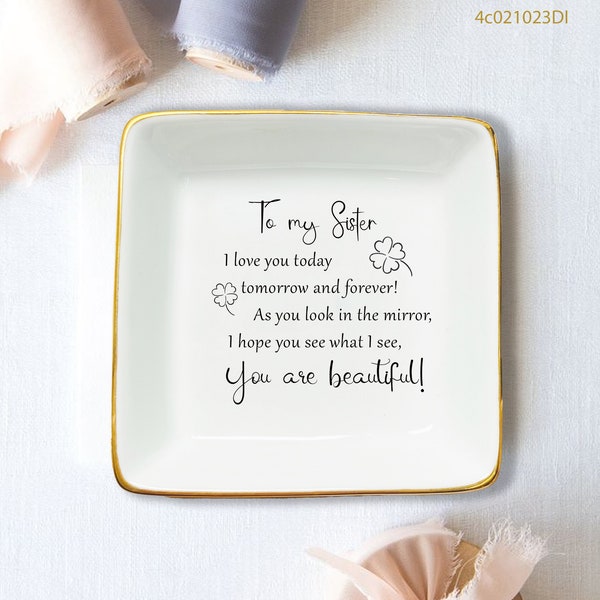 To My Sister-Personalized Ring Dish For Sister Friend-Ceramic Jewelry Holder-Custom Text Trinket Tray-Christmas Birthday Gift- Gift For Girl