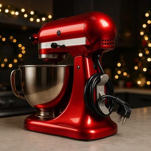 Könnte beinhalten: Ein glänzender, roter Küchenmixer mit einer Edelstahl-Rührschüssel. Der Mixer hat ein schlankes Design mit einem silbernen Akzentstreifen. Ein schwarzes Netzkabel ist ordentlich auf der Rückseite aufgewickelt. Das Gerät steht auf einer Arbeitsplatte.