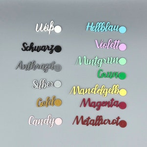 May include: A collection of color swatches with German names for each color, including Wei&szlig;, Schwarz, Anthrazit, Silber, Gold, Candy, Hellblau, Violett, Mintgr&uuml;n, Gr&uuml;n, Mandelgelb, Magenta, and Metallicrot.
