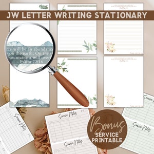 May include: JW letter writing stationary set with lined and blank pages, featuring watercolor mountain and floral designs. Includes service notes and a bonus printable. The text reads "JW LETTER WRITING STATIONARY" and a Bible verse.