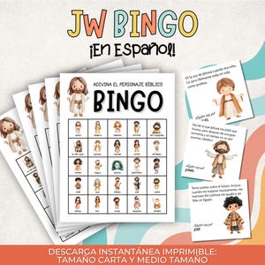 Op de afbeelding: Een stapel afdrukbare JW Bingo-spelkaarten in het Spaans. Het spel bevat illustraties van bijbelse personages en de tekst "JW Bingo" en "Raad de Bijbelse personages Bingo". Het spel bevat kaarten met aanwijzingen.