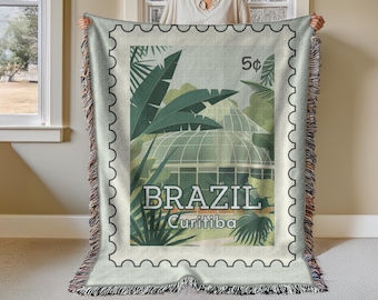 Curitiba Brazil Convention Blanket, Woven Cotton Tapestry Throw, Brazil Travel Stamp Design, JW International Convention, Cozy Sofa Blanket