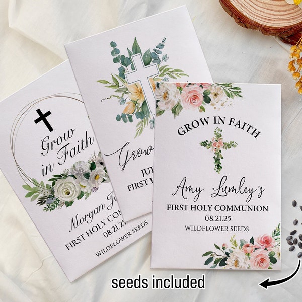 Personalized First Holy Communion Baptism Seed Favors/Grow in Faith Baptism Favors/Wildflower Communion Favors/Christening Favors for Guests
