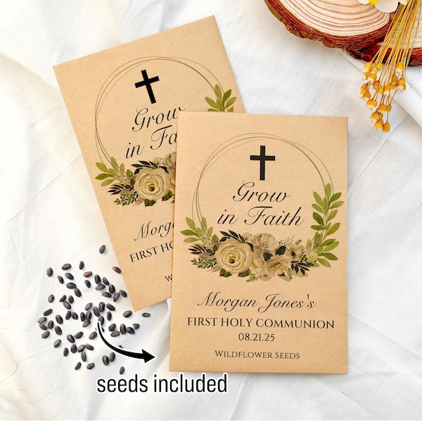 Seed Packets Faith Plants the Seed/Baptism Favors with Cross/Personalized First Communion Christening/Communion Party Favors Flower Seeds
