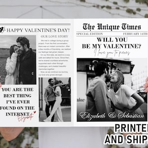 May include: Newspaper-style Valentine's Day print featuring black and white photos of a couple. Text includes "Happy Valentine's Day," "Will You Be My Valentine?" and a love story. The print is personalized with names.