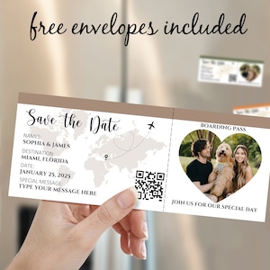 May include: A save the date announcement in the form of a boarding pass with a world map, a heart, and a QR code. The text reads "Save the Date", "Sophia & James", "Miami, Florida", "January 25, 2025", and "Type your message here". The boarding pass also includes a photo of a couple and their dog in a heart-shaped frame.