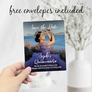 May include: Save the Date card for a Quincea&ntilde;era with a photo of a young woman in a purple dress and crown. The card says "Sophis Quincea&ntilde;era" and includes the date "06.28.24 MARYSVILLE,OH" and the text "ORMAL INVITATION TO FOLLOW".