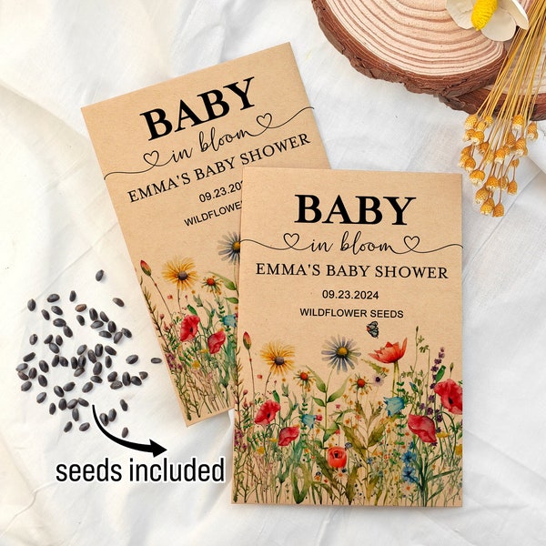 Personalized Seed Packets Baby Shower Favors for Guests in Bulk Baby in Bloom Baby Shower Seed Favors Wildflower Seeds Included Envelopes