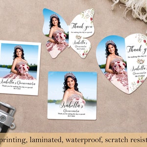 May include: Four different designs of thank you cards for a Quincea&ntilde;era. Each card features a photo of a young woman in a quincea&ntilde;era dress and the text "Isabella's Quincea&ntilde;era" with the date "08.17.2025". The cards are in the shapes of a square, a butterfly, a heart, and a rectangle.