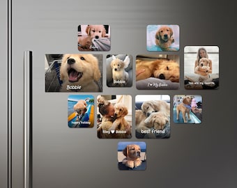 May include: A collection of photos of golden retriever dogs on a silver refrigerator. The photos are printed on magnets and feature different dogs in various poses, including a dog in a swimming pool, a dog with a unicorn horn, and a dog with a person. The photos have captions such as "Bobbie", "I love my Bobbie", "Happy Holiday", "Riley Bobbie", "Best Friend", and "You are my favorite".