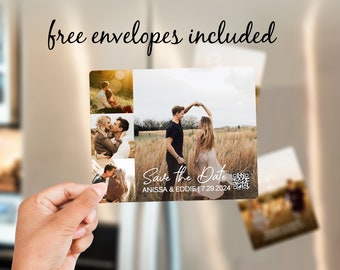 May include: Save the Date magnet with a collage of photos of a couple. The magnet features a QR code and the text "Save the Date" with the couple's names and wedding date: "ANISSA & EDDIE | 7.29.2024".