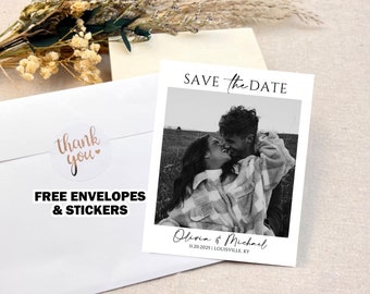 Imanes fotográficos Polaroid para anunciar la fecha de la boda. Tarjetas para anunciar la fecha de la boda con sobres y pegatinas de sellado gratis para invitaciones de boda.