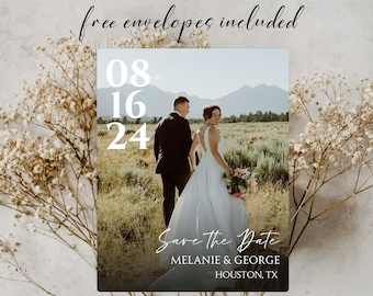 May include: Save the Date card with a photo of a couple in a field. The date is August 16, 2024. The text reads "Save the Date" with the couple's names, Melanie & George, and the location, Houston, TX.
