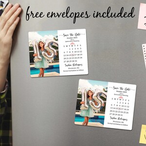 May include: Two save the date magnets with a photo of a girl holding a silver 15 balloon. The magnets feature a calendar with the date October 2025 circled. The text "Save the Date" and "Sophie Rodriguez" are printed on the magnets.