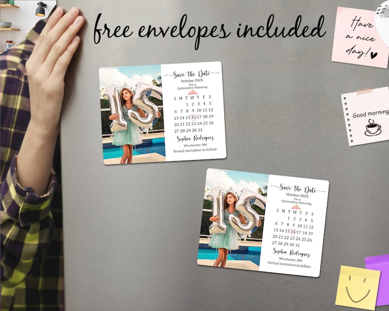 May include: Two save the date magnets with a photo of a girl holding a silver 15 balloon. The magnets feature a calendar with the date October 2025 circled. The text "Save the Date" and "Sophie Rodriguez" are printed on the magnets.