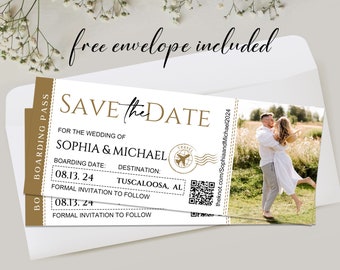 Boarding Pass Magnets Save the Dates with QR Code/Destination Wedding Airline Ticket Invitation/Travel Theme Wedding Invitation Magnet Card