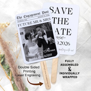 Set of 20 Engagement Newspaper Fan/Personalized Photo Printed Paper Hand Fan/Newspaper Save the Date Hand Fan/Church Fan Favor/Wedding Favor