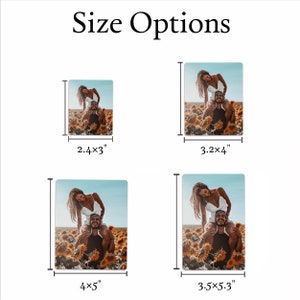 May include: Four different size options for a photo print. The photo shows a couple in a field of sunflowers. The sizes are 2.4 x 3 inches, 3.2 x 4 inches, 4 x 5 inches, and 3.5 x 5.3 inches.