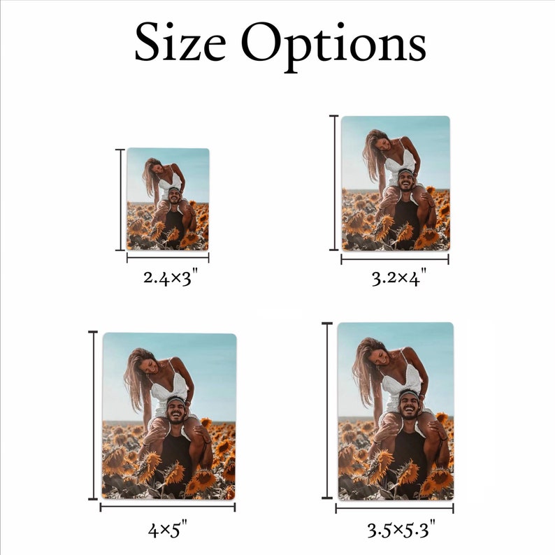May include: Four different size options for a photo print. The photo shows a couple in a field of sunflowers. The sizes are 2.4 x 3 inches, 3.2 x 4 inches, 4 x 5 inches, and 3.5 x 5.3 inches.