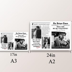 K&ouml;nnte beinhalten: Eine schwarz-wei&szlig;e druckbare Valentinstagskarte mit Zeitungsdesign und dem Text "Happy Valentine's Day!" und "Will you be my Valentine?" Die Karte ist 43 cm x 61 cm gro&szlig;.
