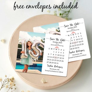 May include: Save the Date card for a Quincea&ntilde;era in October 2025. The card features a photo of a girl holding a silver number 15 balloon in front of a pool. The card includes a calendar with the date highlighted in pink.