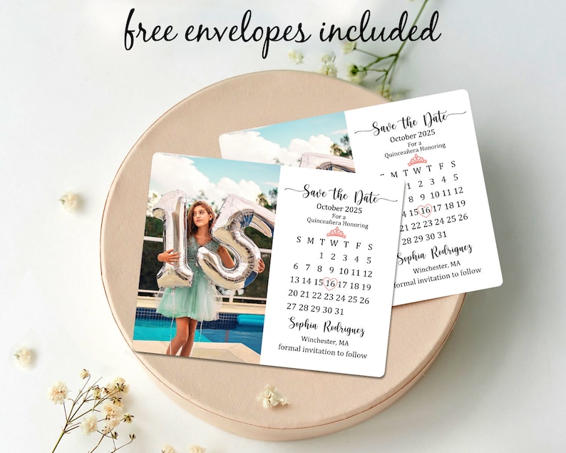 May include: Save the Date card for a Quincea&ntilde;era in October 2025. The card features a photo of a girl holding a silver number 15 balloon in front of a pool. The card includes a calendar with the date highlighted in pink.
