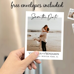 May include: Save the Date card featuring a photograph of a couple on a beach. The card is white with black text and a black border. The text reads "Save the Date" in cursive and "Victoria and Benjamin" in a sans-serif font. The date is "10.25" and the location is "Winter Park, FL".