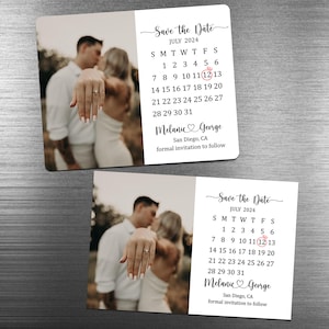 May include: Save the Date card with a calendar for July 2024, featuring a couple's engagement photo. The date July 12th is circled in red. The card reads "Save the Date" and "Melanie & George" with the location "San Diego, CA" and the text "formal invitation to follow".