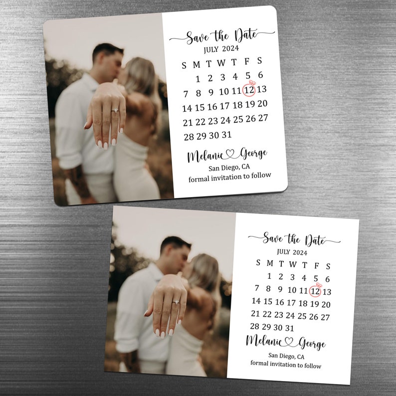 May include: Save the Date card with a calendar for July 2024, featuring a couple's engagement photo. The date July 12th is circled in red. The card reads "Save the Date" and "Melanie & George" with the location "San Diego, CA" and the text "formal invitation to follow".