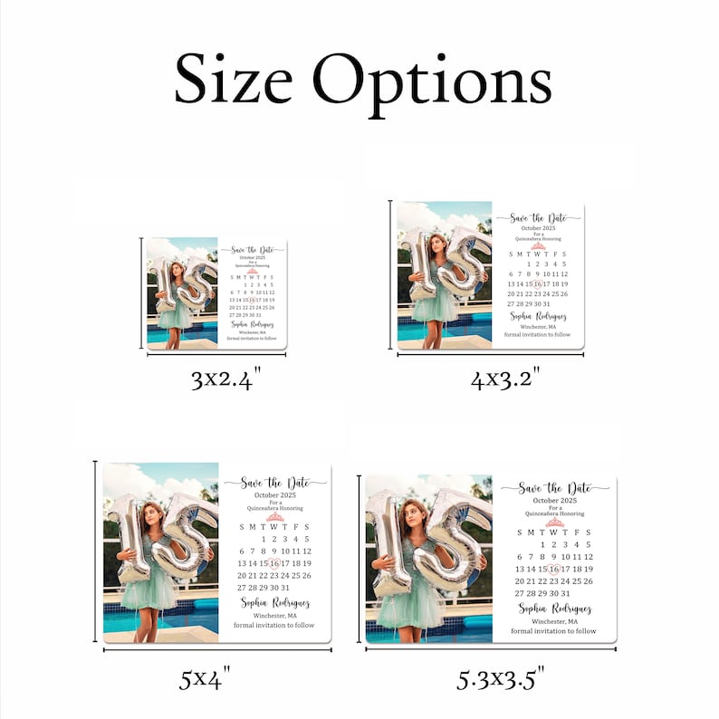 May include: Save the Date magnet with a calendar for a Quincea&ntilde;era. The magnet features a photo of a girl holding a silver number 15 balloon. The magnet is available in four sizes: 3x2.4 inches, 4x3.2 inches, 5x4 inches, and 5.3x3.5 inches.