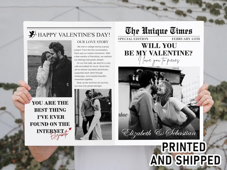 May include: Newspaper-style Valentine's Day print featuring black and white photos of a couple. Text includes "Happy Valentine's Day," "Will You Be My Valentine?" and a love story. The print is personalized with names.